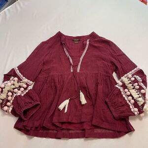Anthropologie Vineet Bahl Pom Pom Burgundy Tunic Top Size Medium
